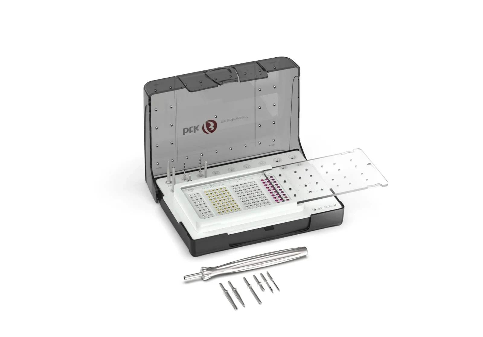 Open BT SCREW surgical kit with organized fixation screws, pins, and hand instruments.