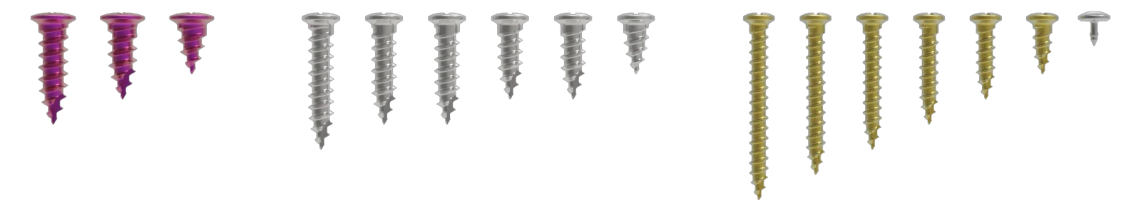 BT SCREW screws arranged by length and surface finish, including silver, gold, and magenta options.
