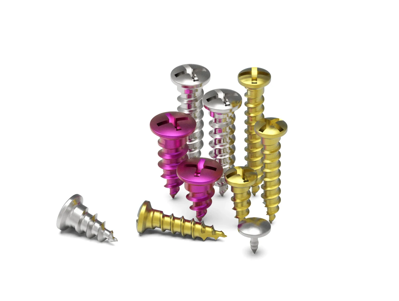 BT SCREW cortical screws in silver, gold, and magenta finishes.